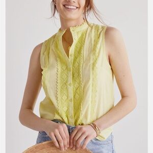 Anthropologie Women’s Lime Green Lace Trim Sleeveless Button Down Shirt